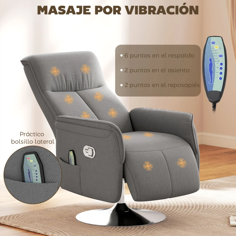 HOMCOM Sillón de Masaje Eléctrico con Reposapiés Sillón Relax Giratorio y Reclinable con Mando 68,5x77x117 cm Gris