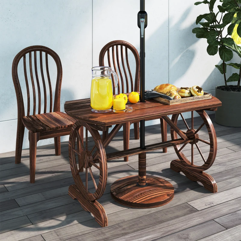 Outsunny Mesa de Jardín de Madera de Abeto con Patas en Forma de Rueda Orificio para Sombrilla 120x63x70 cm Acabado Carbonizado