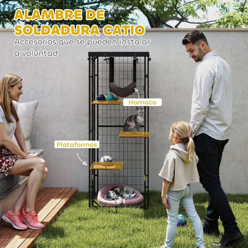 PawHut Jaula para Gatos Exterior e Interior Metálica con Cubierta Impermeable Perchas Hamaca y Puerta 61,5x55x157 cm Negro
