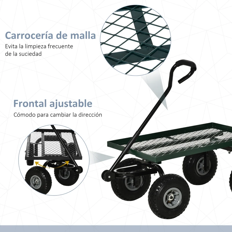 Outsunny Carrito de Jardín con Manija Acolchada y 4 Ruedas Grandes Estructura de Acero Carga 150 kg 94x48,5x100 cm Verde y Negro
