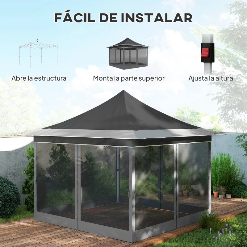 Outsunny Carpa Plegable 3,5x3,5x3 m con Mosquitera Altura Ajustable y Protección UPF50+ con Bolsa de Transporte Gris Oscuro