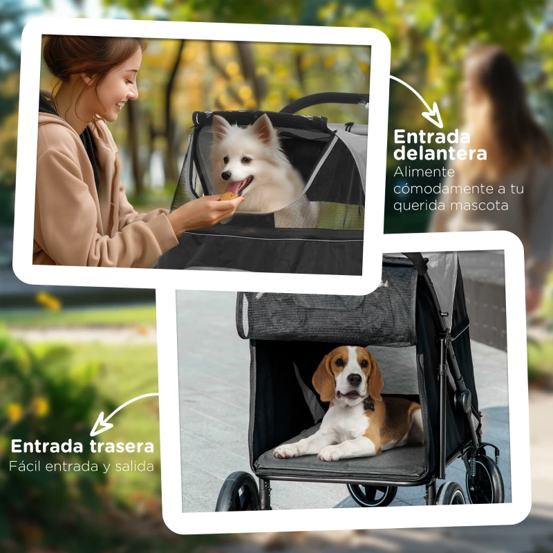 PawHut Cochecito Plegable para Perros Carrito de Mascotas con Ventanas de Malla Correas de Seguridad 112x65x100 cm Gris y Negro