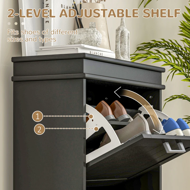 HOMCOM Dulap pentru Pantofi cu 2 Sertare pentru 10 Perechi de Pantofi, Mobilier cu Raft Reglabil, 54x24x82,5 cm, Negru