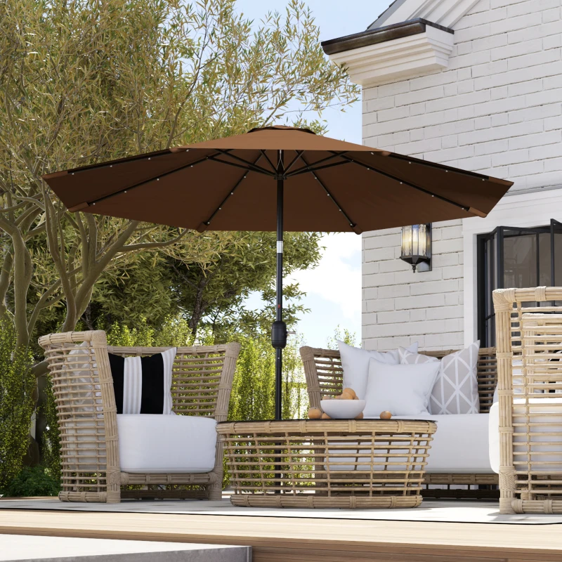 Outsunny Sombrilla de Jardín Ø265 cm con 32 Luces LED Solares Manivela y Poste de Acero para Patio Terraza Marrón