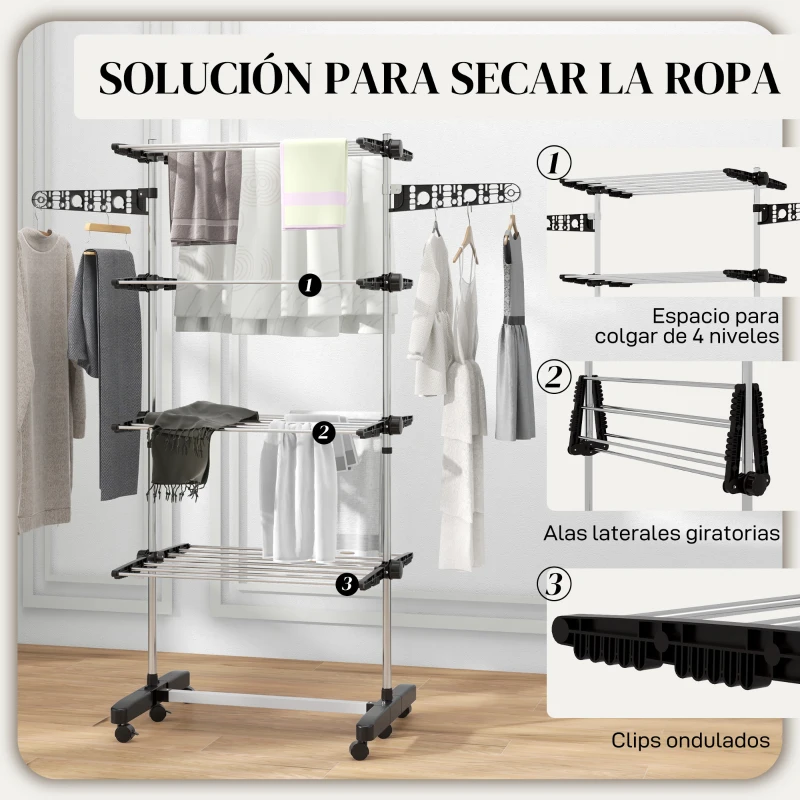 HOMCOM Tendedero Vertical de 4 Niveles con Ruedas 2 Laterales Abatibles Estantes Ajustables y Marco de Acero Negro y Plata