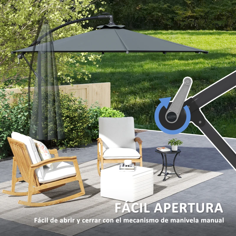 Outsunny Parasol Excéntrico de Jardín con Luces Solares Manivela Ventilación Superior y Base Cruzada Ø294x242 cm Gris Oscuro