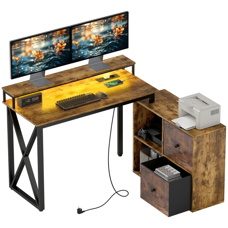 HOMCOM Escritorio Industrial con Luces LED y Estación de Carga con Patas Ajustables y Soporte en X 130x110x91 cm Madera Rústica