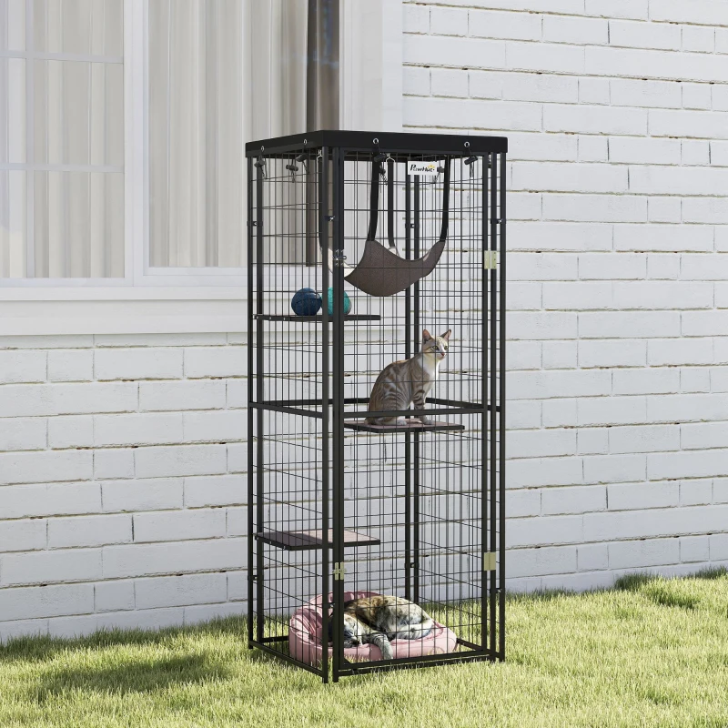 PawHut Jaula para Gatos Exterior e Interior Metálica con Cubierta Impermeable Perchas Hamaca y Puerta 61,5x55x157 cm Negro