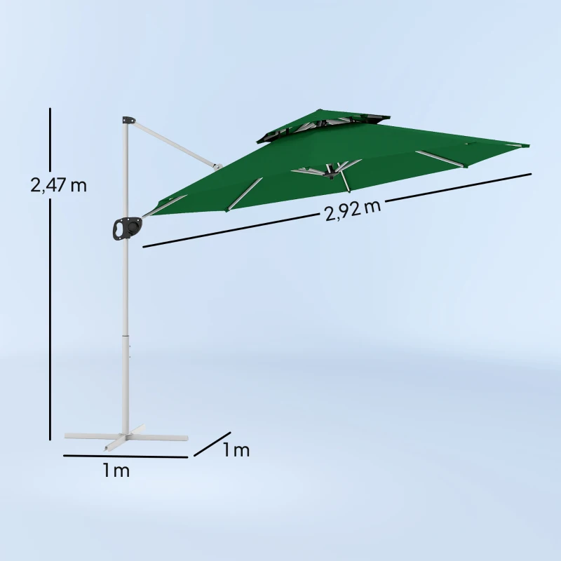 Outsunny Parasol Excéntrico Ø292 cm con Manivela Giro 360° Inclinación Ajustable Doble Techo y Base Cruzada Verde Oscuro
