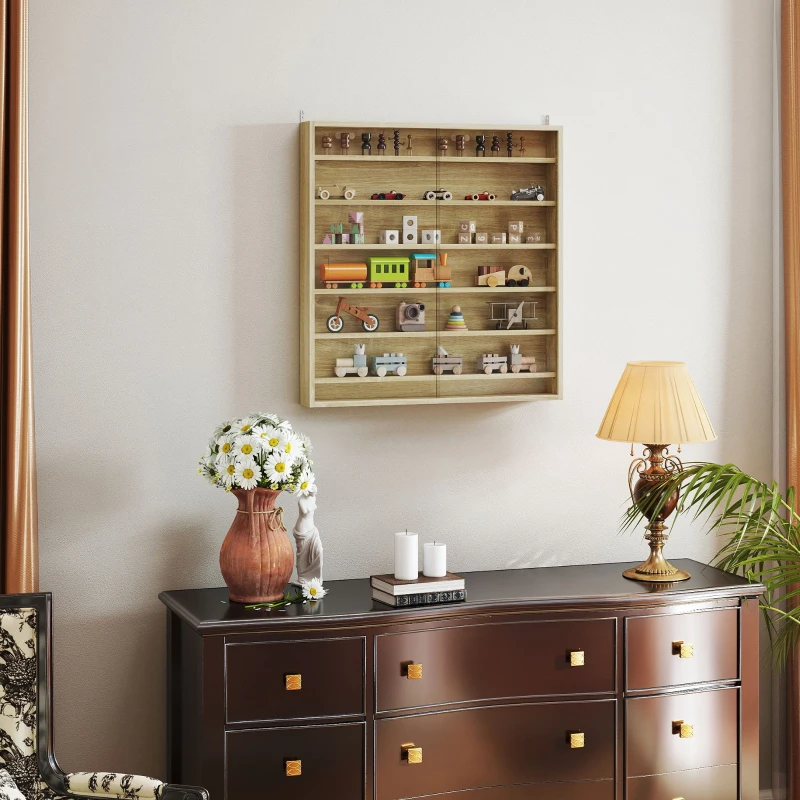 HOMCOM Six Shelf Display Cabinet, with Glass Doors - Oak