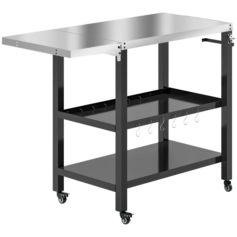 Outsunny Carrito de Parrilla para Jardín Carro de Servicio con Encimera Estantes Lateral Plegable y Ruedas 116x50x86 cm Negro