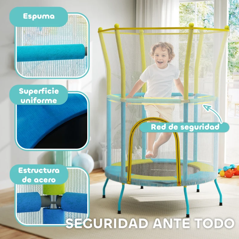 AIYAPLAY Trampolín Infantil de Interior con Red de Seguridad Cuerdas Elásticas y Barras Acolchadas 3-6 Años Ø140x190cm Azul Claro