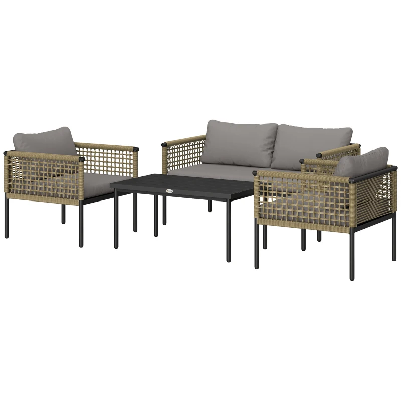 Outsunny Conjunto de Muebles de Jardín 4 Piezas con Sofá Sillones Mesa de Centro y Cojines Natural y Gris