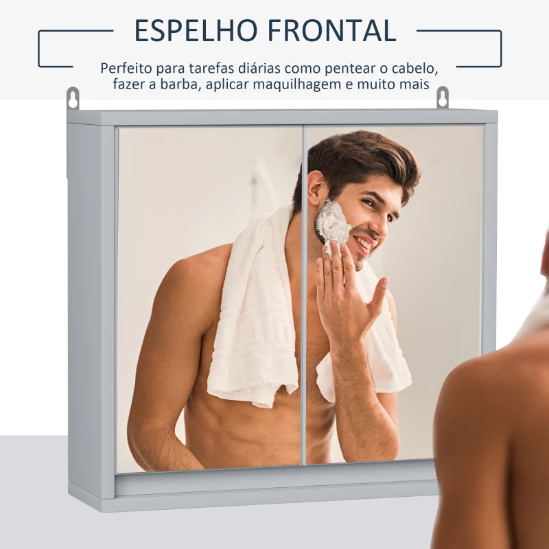 HOMCOM Armário de banheiro com espelho de parede com prateleira ajustável 3 níveis 2 portas 48x14,5x45 cm Cinza