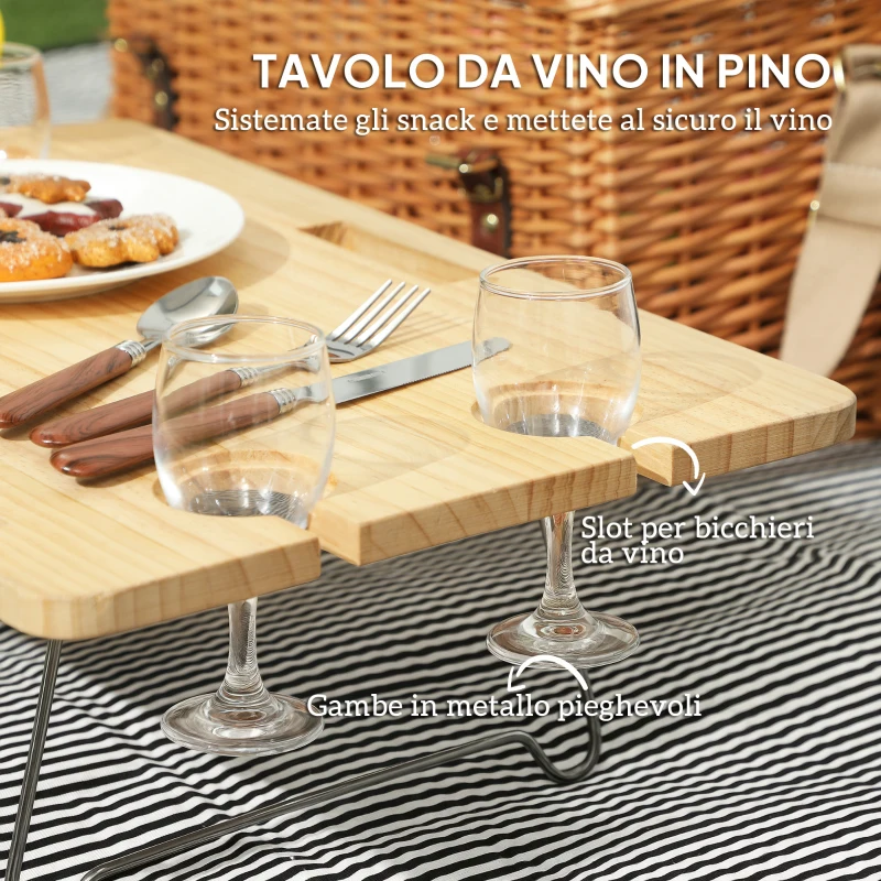 Outsunny Cesta da Pic Nic per 4 Persone con Tavolino e Cavatappi, in Vimini, 51x33x25 cm, Marrone Chiaro