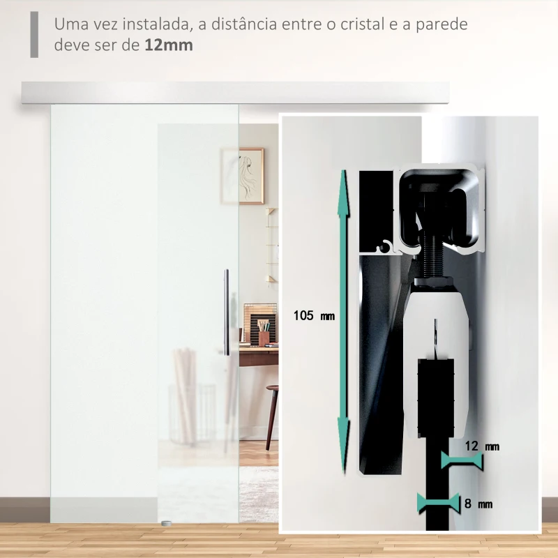 HOMCOM Porta de Correr de Vidro 102,5x205 cm Porta de Correr de Vidro com Trilho Translúcida