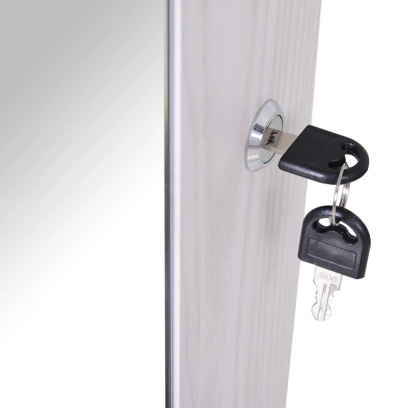 HOMCOM Espelho com Móvel de Bijuterias de Parede ou Porta Espelho de Parede com LED 5 Prateleiras 2 Gavetas pequenas e Fechadura 37x120x10cm Cinza Claro
