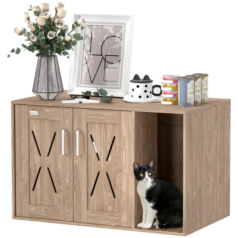 PawHut Mueble Arenero para Gatos 3 en 1 con Puertas Estera para Rascar y Compartimento 80x48x50,5 cm Marrón