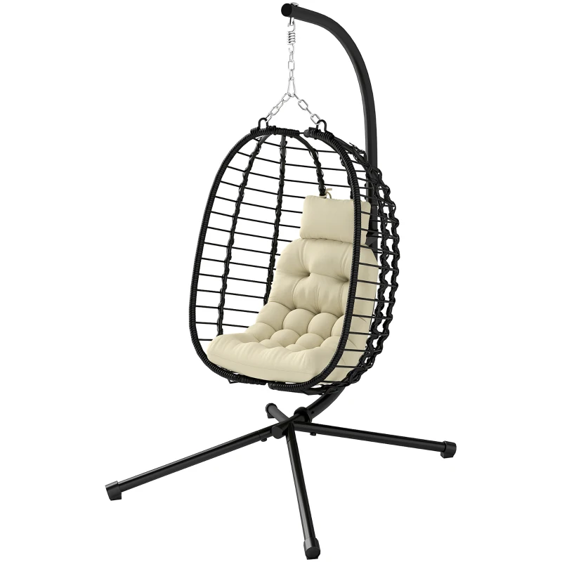 Outsunny Rattan Hanging Egg Chair, Foldable Wicker Hammock Swing Chair with Cushion, Stand, Adjustable Height, Head Pillow, Steel Frame for Garden Patio Indoor Outdoor, Cream White