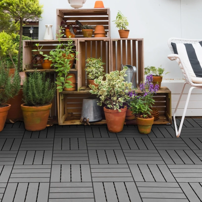 Outsunny Caillebotis - Dalles terrasse - Lot de 9 - emboîtables, Installation très Simple - Petits Carreaux Composite Plastique Imitation Bois Noir