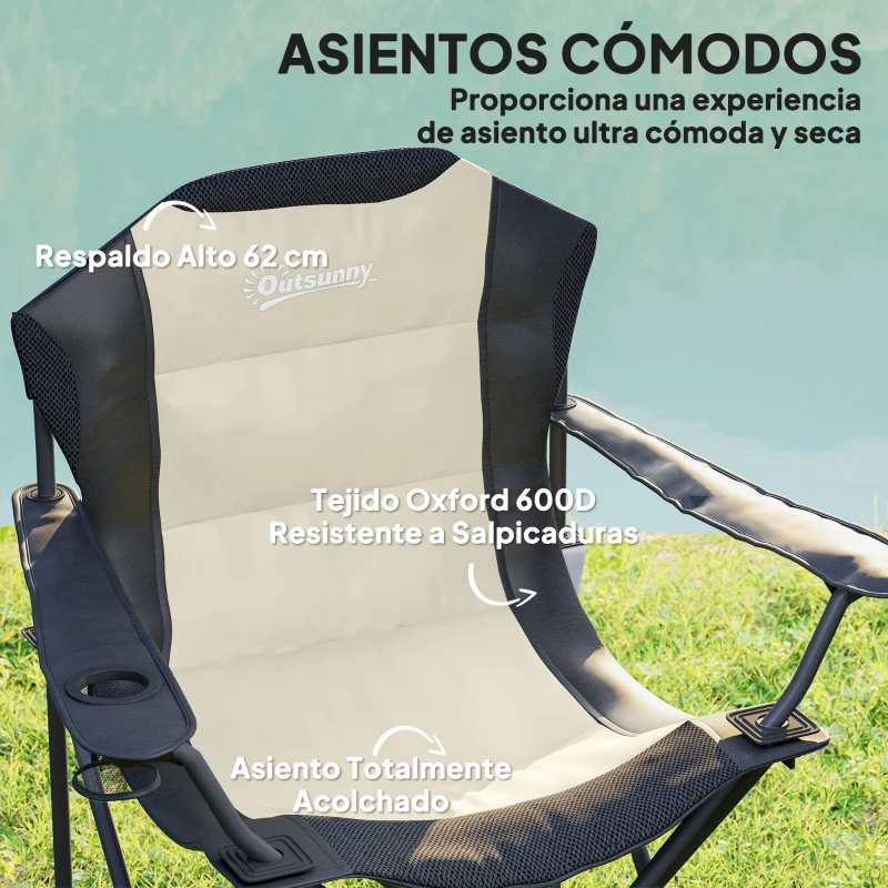 Outsunny Conjunto de 2 Sillas Plegables Camping Acolchado con Respaldo Alto Portavasos y Bolsas de Transporte Crema y Negro