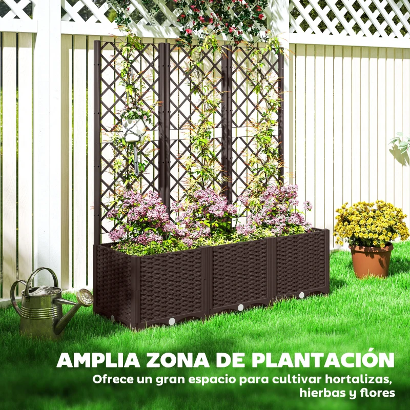 Outsunny Jardinera con Enrejado de Plástico para Plantas Trepadoras con Drenaje y Amplio Espacio de Cultivo 120x40x135 cm Marrón