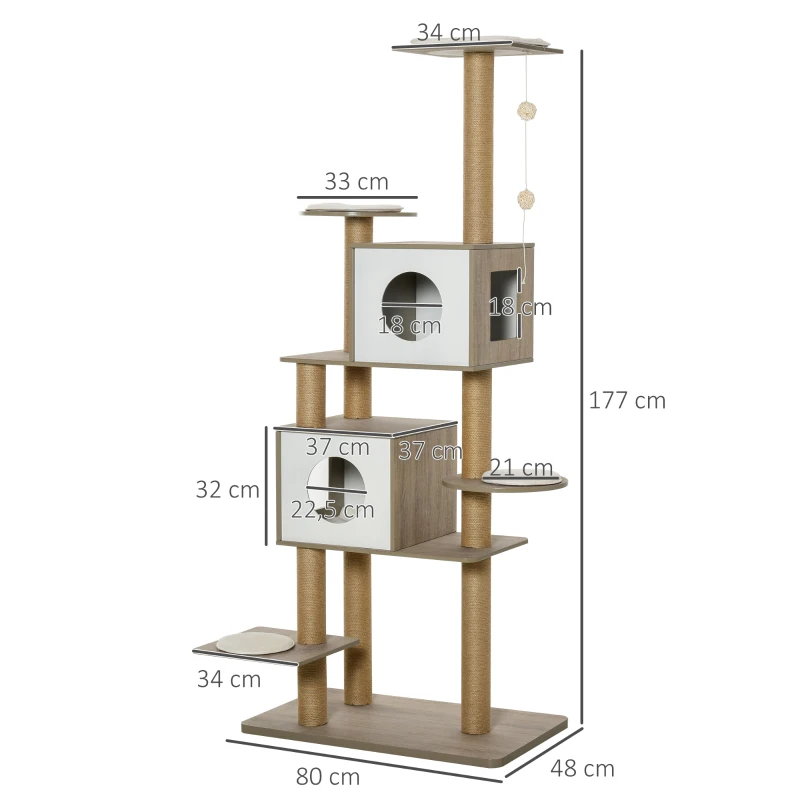 PawHut Árvore Arranhador de escalada para gatos Altura de 177 cm com Plataformas Cavernas Almofada macia brinquedo de suspensão Postes de juta Branco e cinza claro