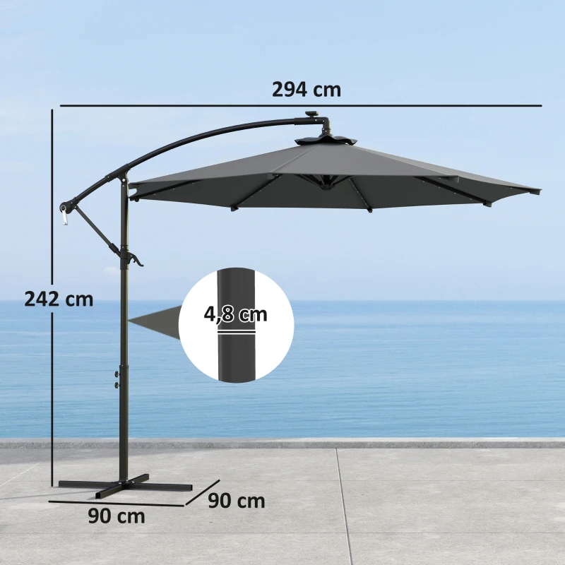 Outsunny Parasol Excéntrico de Jardín con Luces Solares Manivela Ventilación Superior y Base Cruzada Ø294x242 cm Gris Oscuro