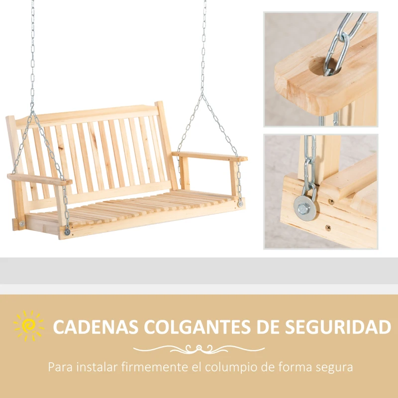 Outsunny Banco Columpio de Madera de 2 Plazas Ajustable con Respaldo y Apoyabrazos para Exterior Jardín 117x69x60 cm Natural