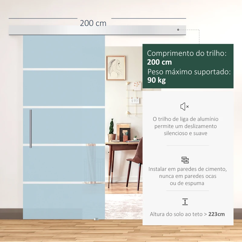 HOMCOM Porta de Correr de Vidro  Porta de Correr de Vidro com Trilho 102,5x205 cm Translúcida