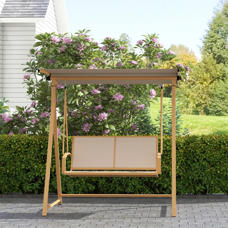 Outsunny Columpio de Jardín de 2 Plazas con Toldo Ajustable y Estructura Triangular de Metal Carga 220 kg 160x112x162 cm Caqui