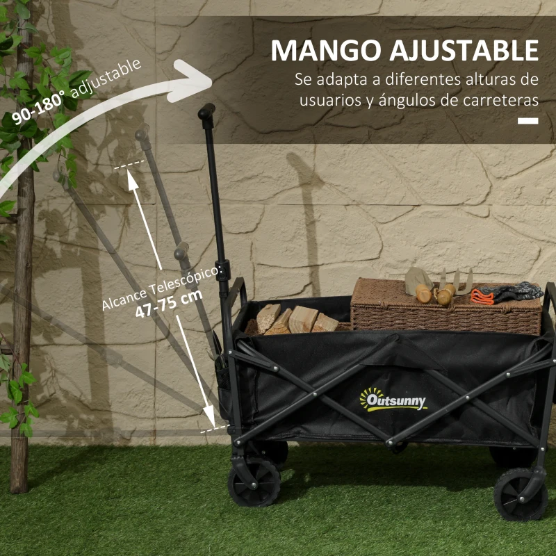 Outsunny Carro de Jardín Plegable con Ruedas Asa Telescópica Ajustable Carga 120 kg para Campaña Compra 64x42x27 cm Negro
