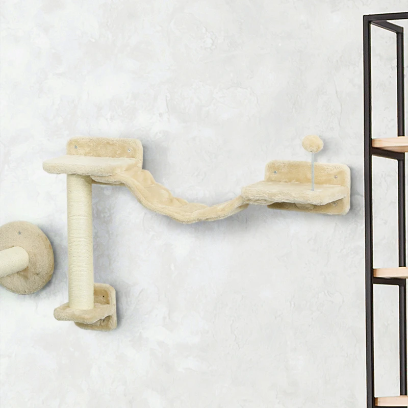 PawHut Juego de Escalada para Gatos de Pared 4 Piezas con Hamaca Bola Plataformas 84,5x19x54 cm Beige
