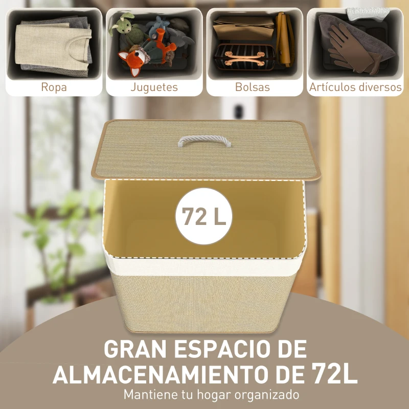 HOMCOM Cesto de Ropa Sucia con Tapa 72L Bolsa Interior Extraíble y Asas para Lavandería Dormitorio 40x30x60 cm Natural