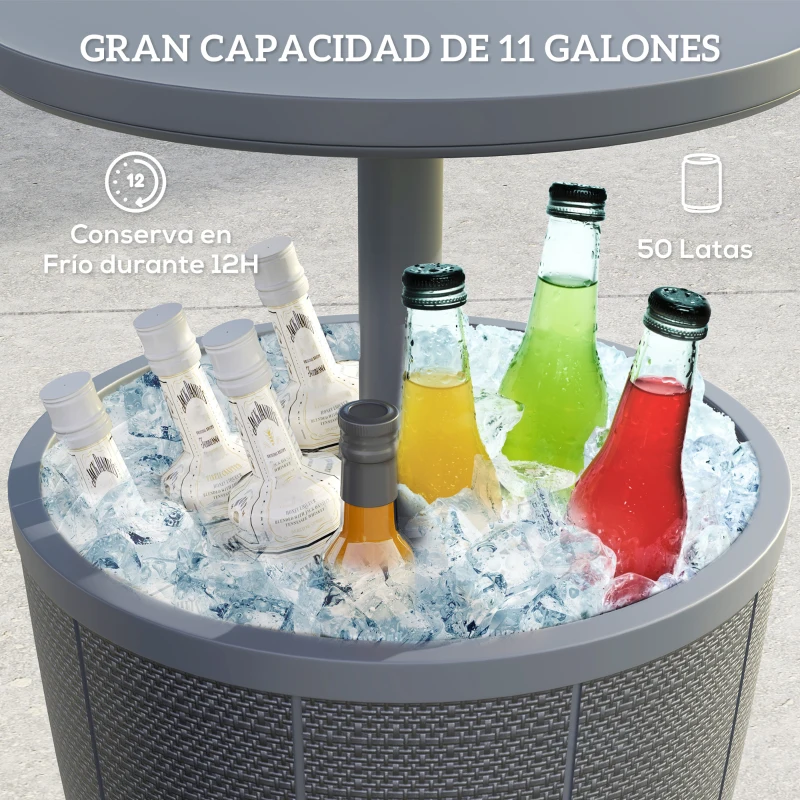 Outsunny Mesa Nevera para Exterior 41 L 3 en 1 Cool Bar Mesa Auxiliar con Altura Ajustable Cubo de Hielo Tapa Elevable Gris