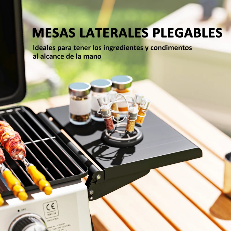Outsunny Barbacoa de Gas Compacta con 2 Quemadores Termómetro Estantes Laterales Plegables y Bandeja de Goteo 101x48x41 cm Negro
