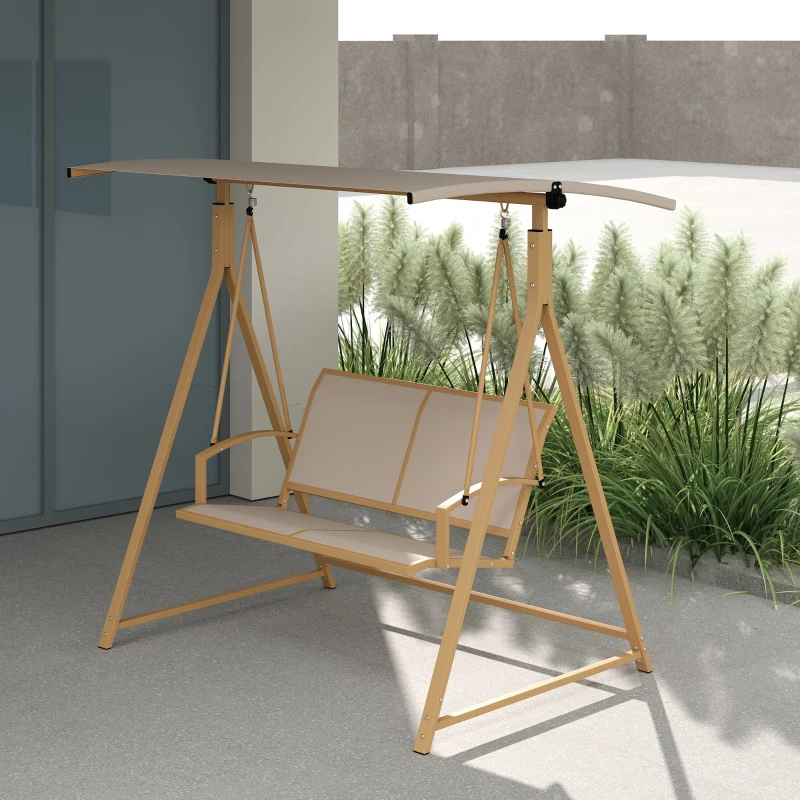 Outsunny Columpio de Jardín de 2 Plazas con Toldo Ajustable y Estructura Triangular de Metal Carga 220 kg 160x112x162 cm Caqui