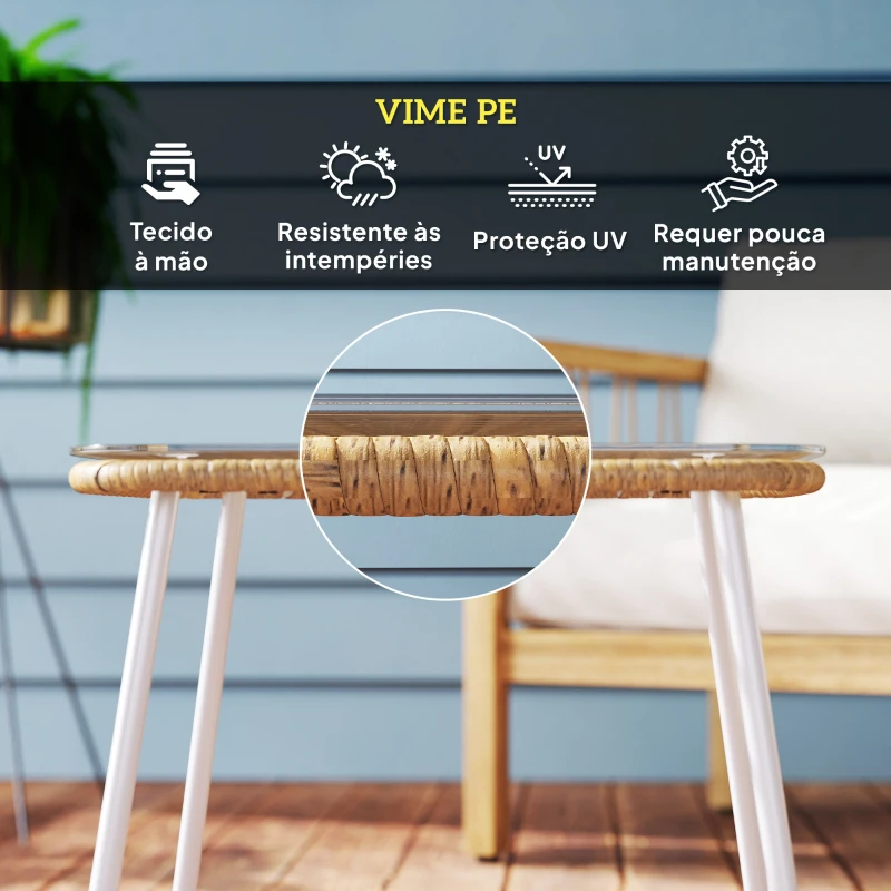 Outsunny Mesa de Jardim de Vime Sintético com Bancada de Vidro Temperado e Pés Ajustáveis 50x50x44 cm Madeira e Branca