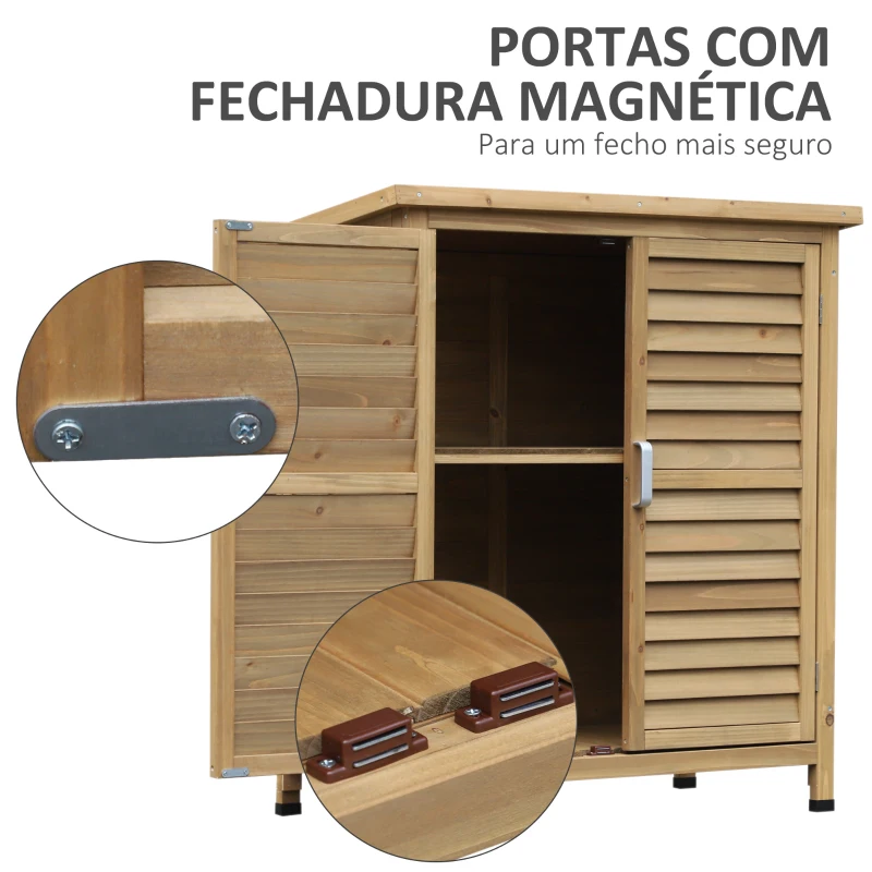 Outsunny Armário de Armazenamento de Madeira para Jardim com 2 Prateleiras Interiores 2 Portas e Teto Inclinado para Exterior Terraço 87x46,5x96,5cm Natural