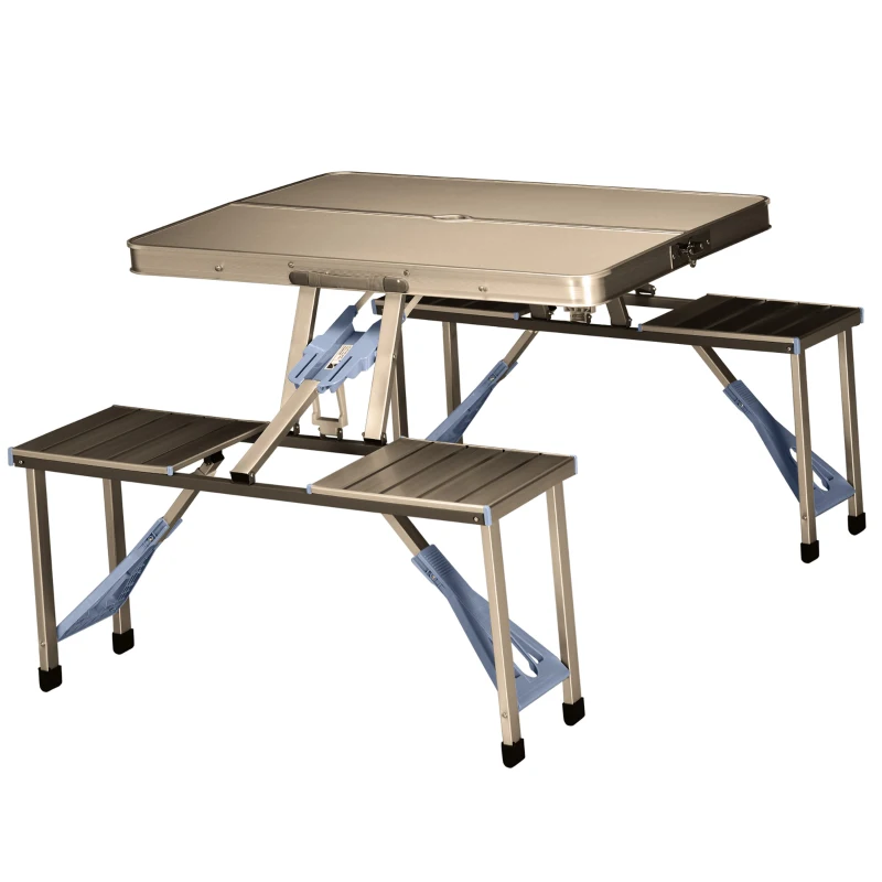 Outsunny Mesa de Campismo Dobrável com 4 Assentos Orifício para Chapéu de Sol e Estrutura de Alumínio para Praia Piquenique 136x85,5x66cm Prata