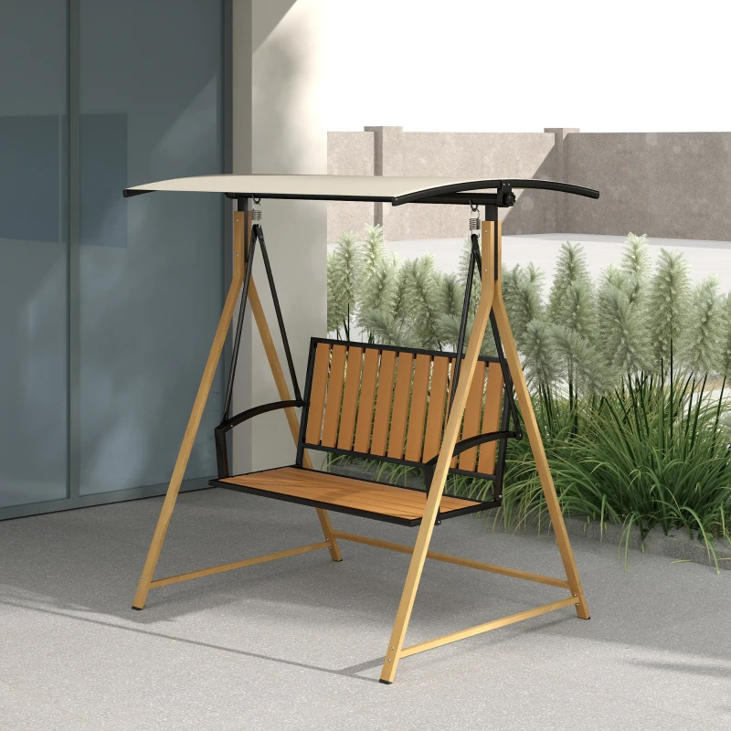 Outsunny Balancín de Jardín Exterior de 2 Plazas con Toldo Ajustable y Estructura de Metal 142x112x162 cm Madera Natural y Beige