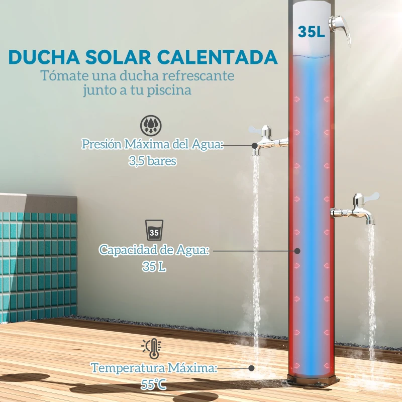 Outsunny Ducha Solar Exterior 35 L con 2 Cabezales Giratorios Duchas para Pies y Agua Caliente Máximo 55℃ 73x18x217 cm Negro