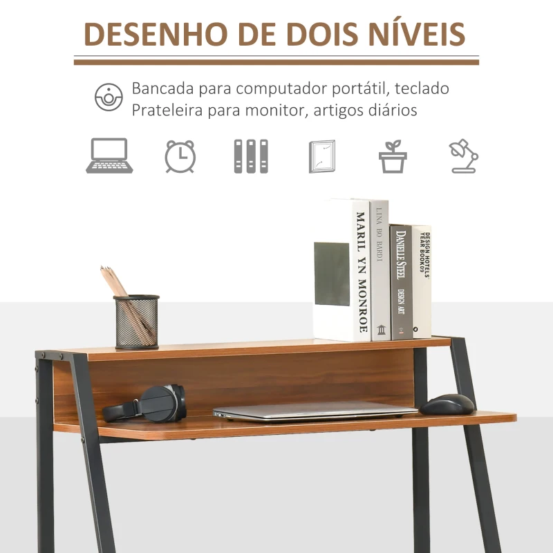 HOMCOM Secretária Mesa de Computador 84x45x85cm com Bancada de Madeira e Pés de Metal Estilo Moderno para Escritório Estúdio Dormitório Carga Máxima 20kg Nogueira e Preto