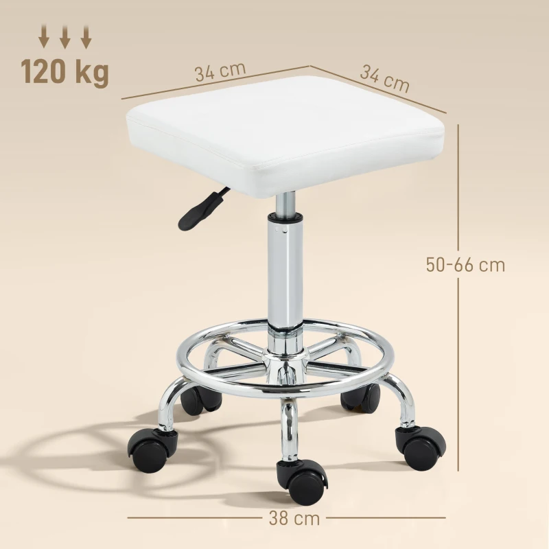 HOMCOM Taburete Giratorio Ajustable Con Asiento Acolchado Reposapiés y Ruedas para Salones y Talleres 34x34x50-66 cm Blanco