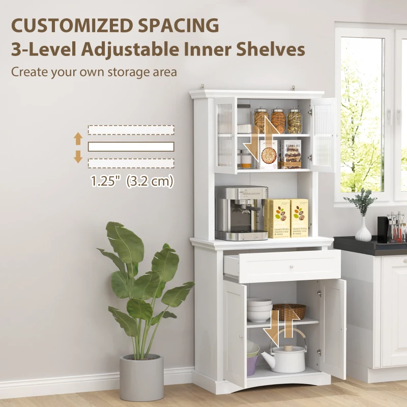 HOMCOM Kitchen Cupboard, Freestanding Storage Cabinet with Glass Doors, Adjustable Shelves, and Open Counter, White