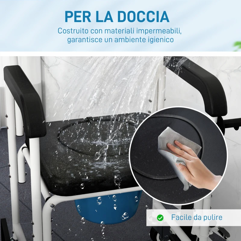 HOMCOM Sedia a Rotelle con WC Impermeabile 4 in 1 con Poggiapiedi Ribaltabili, in Alluminio e Plastica, Nero