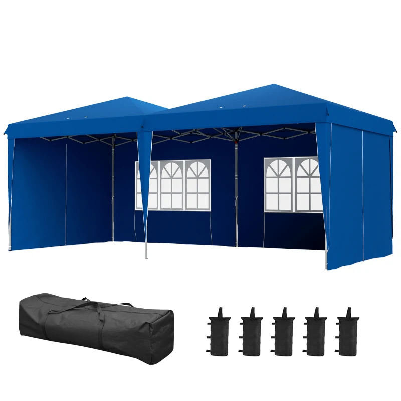 Outsunny Carpa de Jardín Plegable 6x3 m con Paredes Laterales Altura Ajustable Protección UV30+ Bolsa de Transporte Azul