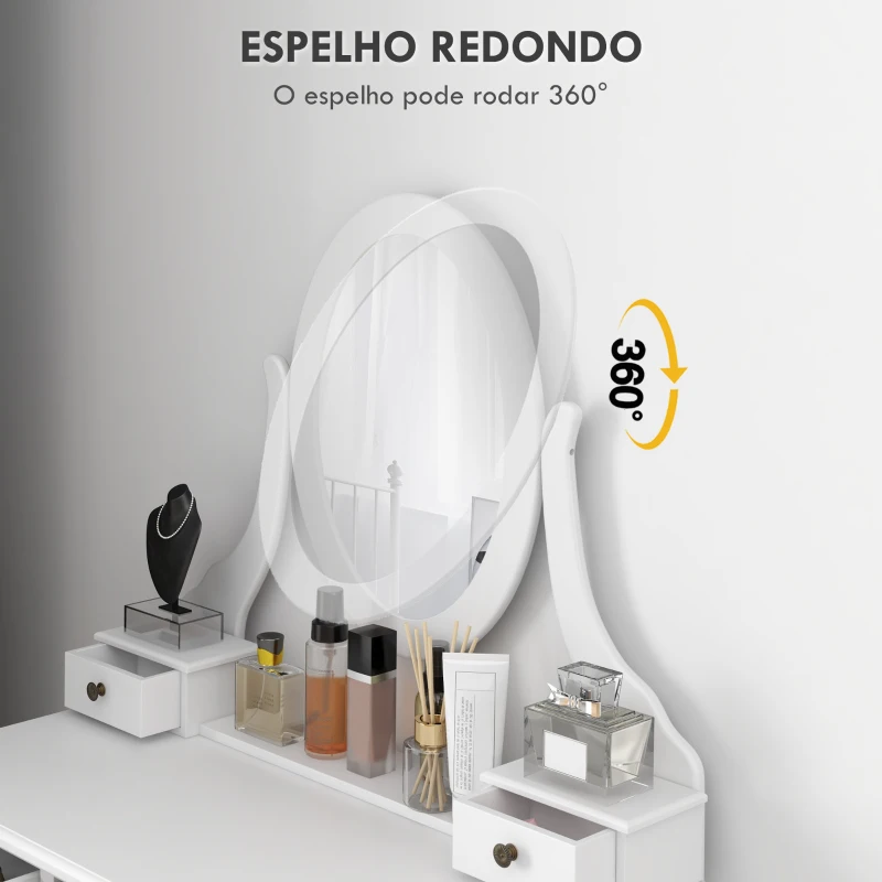 HOMCOM Toucador de Maquilhagem com Banco MDF e Madeira Maciça 80x40x140cm Branco