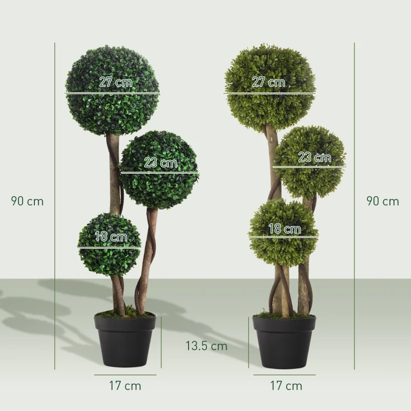HOMCOM Decorative Artificial Plants Set of 2, Boxwood Ball Topiary Trees in Pot Fake Plants for Home Indoor Outdoor Decor, 90 cm, Dark Green