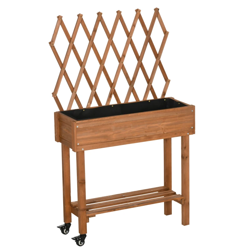 Outsunny Hochbeet, integriertes Spalier, Ablageregal, Räder, Massivholz, braun, 79 x 29 x 130 cm